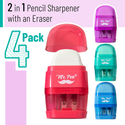 Mr. Pen- Pencil Sharpener & Eraser, 4 Pack, 2-in-1 Manual Sharpeners with Canister, 2 Sharpening Holes for Standard & Jumbo Pencils, Colorful Dual Hole Design for School, Office, Home, Kids