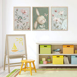 3Pcs Nursery Bunny Wall Art Cute Rabbit Botanical Flowers Wall Decor Green Nursery Pictures Posters Girl Bedroom Canvas Prints for Girls Room Baby Room Paintings Unframed
