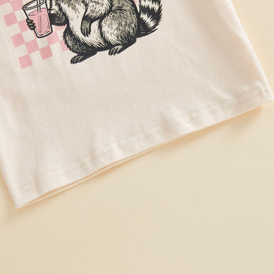 Toddler Baby Girl T-Shirt Summer Tops Letter Graphic Print Short Sleeve Crew Neck Tee Kids Cute Clothes (Raccoon Apricot, 12-18 Months)