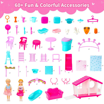 Style Shine Doll House Portable & Foldable Dollhouse w/ 60+ Pcs & 2 Dolls, Play House Toy with Bedroom Bathroom Kitchen Furniture Playset, Playhouse Birthday Gift for Girl Kid Toddler