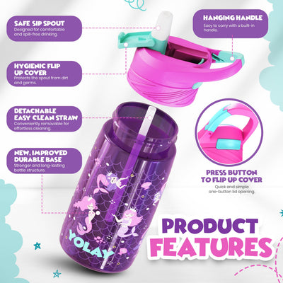 YOLAY 15oz Kids Water Bottle For School Boys and Girls, Durable Toddler Water Bottle with Straw Lid Leak-Proof, Spill Proof, Easy Clean and Dishwasher Safe with Re-Usable and BPA Free - Mermaid