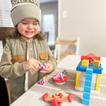 34-Piece Small Wooden Dollhouse for Toddlers, 2-Room Toy House with Seesaw, Merry-Go-Round, Furniture Accessories with 3 Dolls, Birthday Toys for Kids Ages 3-8 (4.09" x 4.09" x 9.45")