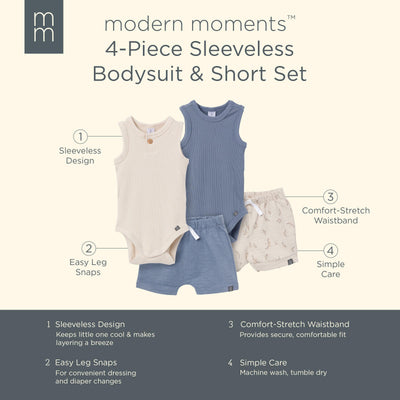 Modern Moments by Gerber Baby Boys' Ribbed 4-Piece Sleevless Bodysuit & French Terry Short Set, Tan/Blue, 0-3 Months