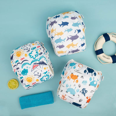 Babygoal Baby Swim Diapers 3 Pack for 0-8 Months Infant Girls and Boys, Reusable Adjustable Washable for Swimming Lessons-Crab,Shark