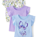 The Children's Place,Baby Girls,and Toddler Short Sleeve Everyday Casual Knit Shirt,Cool Cobalt Flutter 3-Pack,12 Months,18 Months
