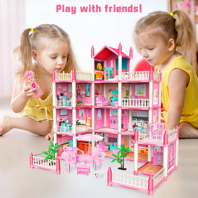 deAO Princess Girl Toys 4-Story 14 Room Dollhouse Playset with 4 Dolls, Furniture & Accessories, Princess Castle Toy for 3-8 Kids