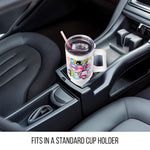 Silver Buffalo Sanrio Hello Kitty and Friends Cinnamoroll, Kuromi, Chococat, Badtz-Maru, Keroppi, etc Sticker Collage Stainless Steel Tumbler w Handle and Straw, Fits in Standard Cup Holder, 40 Ounces