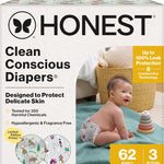 The Honest Company Clean Conscious Diapers for Delicate Skin | Up to 100% Leakproof | Hypoallergenic, Fragrance Free | Winter '25 Limited Edition Prints | Club Box, Size 3 (16-28 lbs), 62 Count
