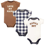 Hudson Baby Unisex Baby Cotton Bodysuits, Brown Navy Mamas Boy 3-Pack, 12-18 Months