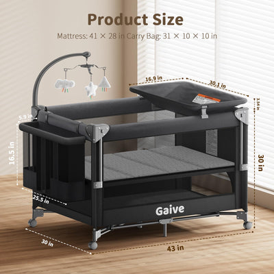 GAIVE 4 in 1 Baby Bassinet, One-Push Setup Pack and Play, Bedside Crib Sleeper with 3 Height Adjustable，Diaper Changer, Come with Comfy Mattress, Rotating Toy Bar, from Infants to Toddlers (Black)