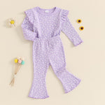 FOCUSNORM Toddler Baby Girl Outfits Ruffle Long Sleeve Lettuce Trim Tops + Flare Pants Set Toddler 2Pcs Fall Winter Clothes (Purple, 18-24 Months)