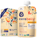 Cerebelly organic baby puree packaging with butternut squash, chicken, and bone broth.