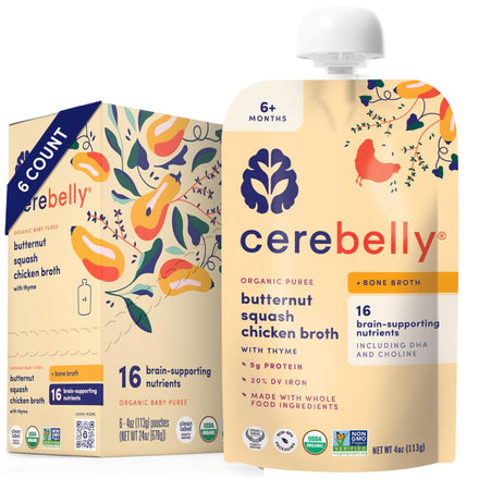 Cerebelly organic baby puree packaging with butternut squash, chicken, and bone broth.