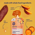 Cerebelly Organic Baby Food Pouches, Sweet Potato Peach Dairy-Free Smoothies, 16 Nutrients, No Added Sugar, Fiber & Non-GMO, 4oz, 6 Pack
