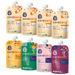 Assorted Cerebelly baby food pouches on a white background
