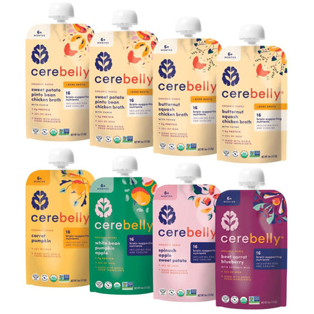 Assorted Cerebelly baby food pouches on a white background