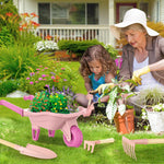 Qtioucp Kids Gardening Set with Wheelbarrow, Real Metal Garden Tools for Kids Ages 3-8, 4 Long Handle Tools, 3 Hand Tool, Gloves, 5 Stickers, Handbook, Outdoor Backyard Toys for Toddler Gift