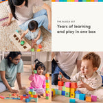 LOVEVERY | The Block Set | Solid Wood Building Blocks and Shapes + Wooden Storage Box, 70 Pieces, 18 Colors, 20+ Activities, Toddler Block Set and Converts into a Pull Car, Ages 12 to 48+ months