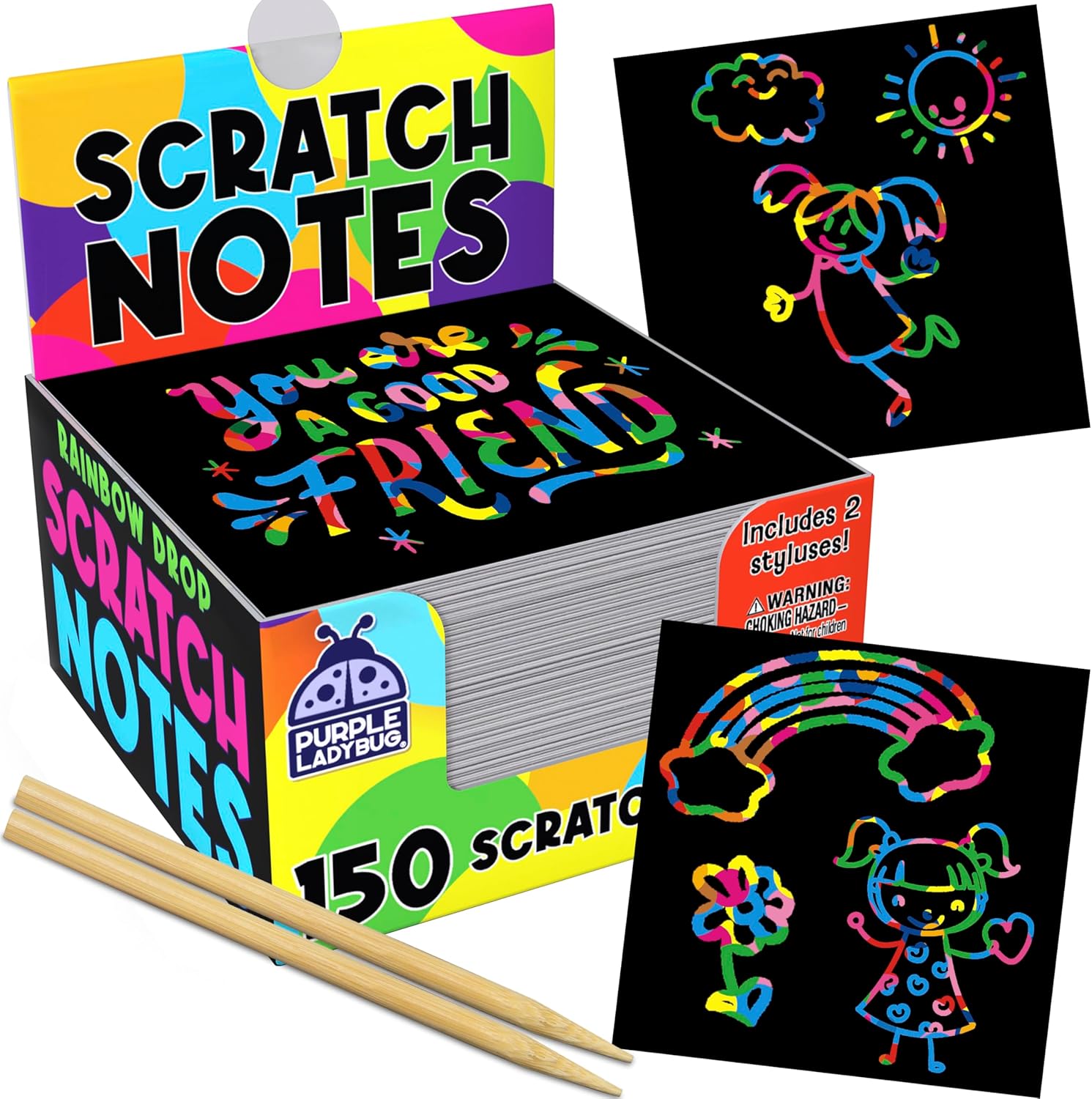 PURPLE LADYBUG 150 Rainbow Scratch Art Mini Notes - Arts and Crafts Supplies, Fun & Colorful Scratch Paper for Kids & Teens Gift, Activities for Summer, Wedding, Birthday Party, Travel, Camping