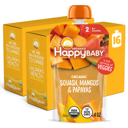 Happy Baby organic baby food pouch with packaging on a white background
