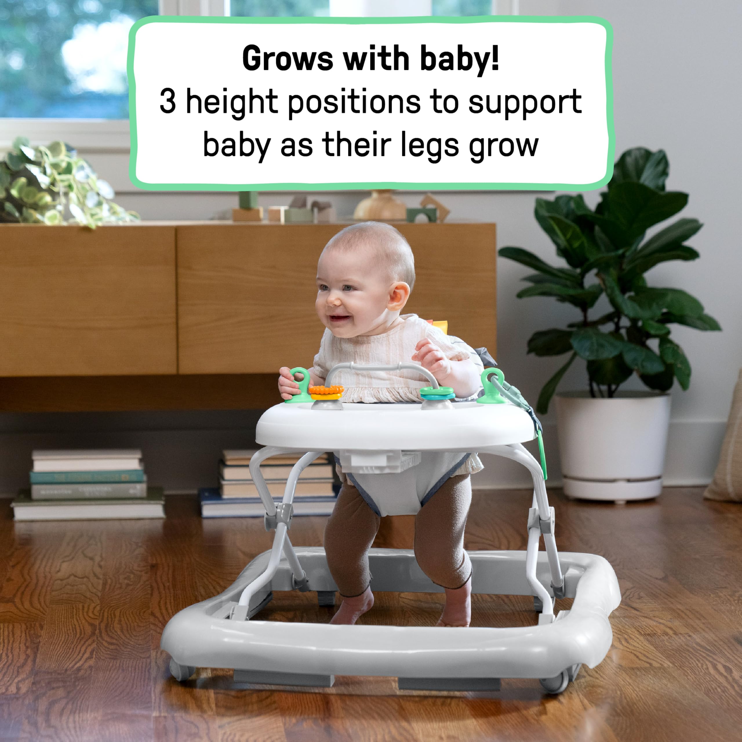 Ingenuity Smooth Strides Activity Baby Walker - Chambray, Developmental Walker, 3 Adjustable Heights, Toys Included, 6M-12M