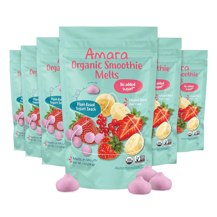 Amara Organic Smoothie Melts packaging with strawberry and banana illustration on a white background