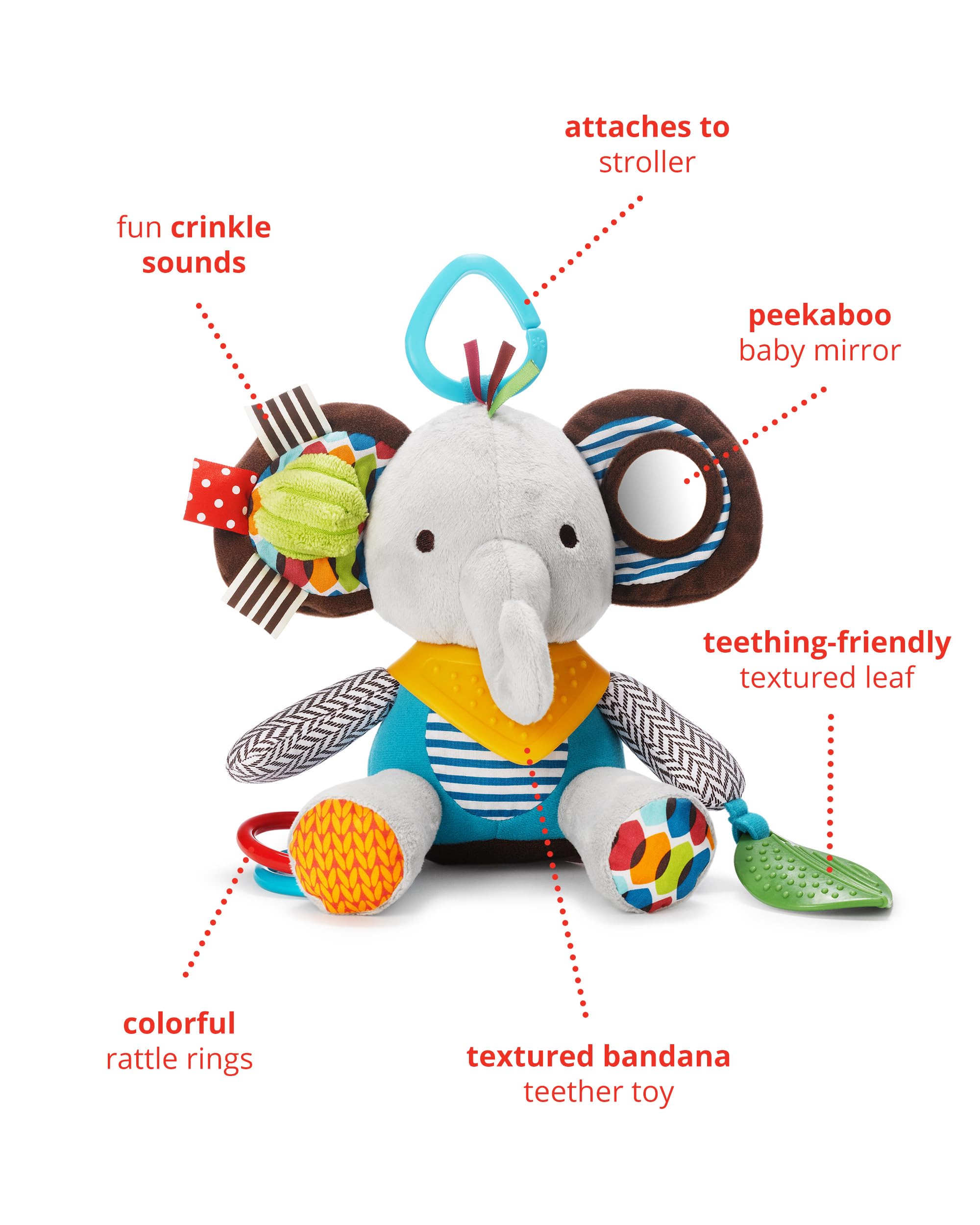 Skip Hop Bandana Buddies Baby Activity and Teething Toy with Multi-Sensory Rattle and Textures, Elephant