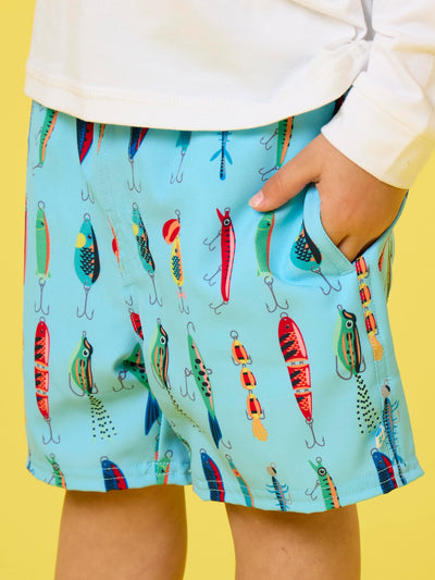 RUGGEDBUTTS Boys UPF50+ Stretch Swim Trunks - Gone Fishin, 3-6m Blue