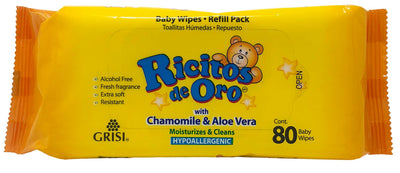 Pack of Ricitos de Oro baby wipes with yellow packaging and bear illustration.