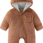 Newborn Baby Bear Outfit With Fold-Over Mittens and Footies Girls Boys Winter Fleece Clothes Hooded Romper Snowsuit
