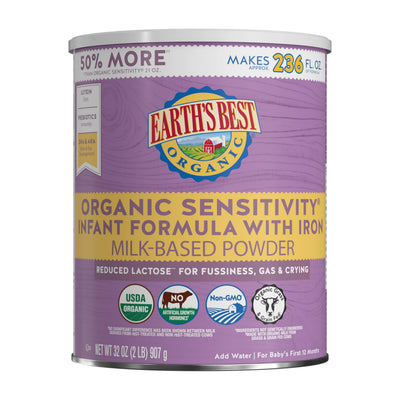 Earth's Best Organic Sensitivity Infant Formula can on a white background