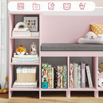 HOSTACK 67" Kids Reading Nook with Bench, Kids Bookshelf and Bookcase with Seat Cushion and 6 Storage Cubbies, Toy Storage Box on Wheels, Toy Chest for Playroom, Bedroom, School, Pink