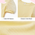 PATPAT Girls Puff Sleeve Top Size 4-5 Ribbed Short Sleeve Yellow Lace Blouse Toddler Dress Shirt Cute Clothes Birthday Girl Shirt Summer Tops