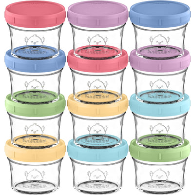 Set of glass jars with colorful lids on a white background