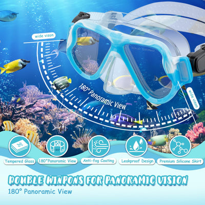 CTSAYTL Snorkeling Gear for Kids, 4 in 1 Child Mask Fins Snorkel Set with Panoramic View Anti Fog Mask, Dry Top Snorkel, Trek Fins and Travel Bag, Kids Snorkeling Set with Fins for Snorkeling Swimming