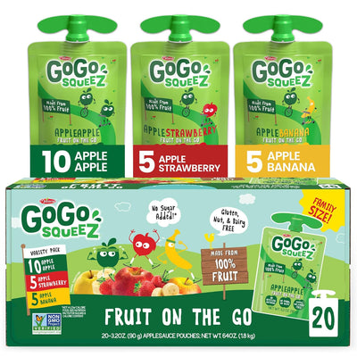 Gogo Squeeze fruit pouches and packaging on a white background