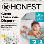 The Honest Company Clean Conscious Diapers for Delicate Skin | Up to 100% Leakproof | Hypoallergenic, Fragrance Free | Winter '25 Limited Edition Prints | Club Box, Size 2 (12-18 lbs), 72 Count
