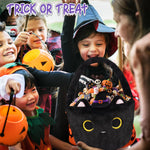Halloween Basket, Black Cat Plush Halloween Baskets for Kids, Trick or Treat Bucket, Black Cat with Witch Hat Decor, Gift Candy Bucket with Handle for Halloween Party Home Decoration Bins