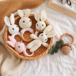 Wooden Baby Rattle，Crochet Bunny Rattle with Wood Ring, Newborn Wooden Animal Rattle Toy，Infant Pink Bunny Wood Rattle Toys