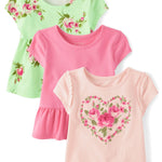 The Children's Place,Baby Girls,and Toddler Short Sleeve Everyday Casual Knit Shirt,Green Glow 3-Pack,2 Years
