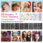 Temporary Glitter Tattoo Kit for Kids & Adults, LCDGTJ 42 Glitter & 6 Fluorescent Color, 209 Stencils, 4 Glue, 5 Brushes, 1 Diamond Sticker, Safe & Easy Removal Face Body Art Birthday Party Supplies