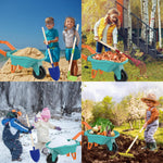 Qtioucp Kids Gardening Set with Wheelbarrow, Real Metal Garden Tools for Kids Ages 3-8, 4 Long Handle Tools, 3 Hand Tool, Gloves, 5 Stickers, Handbook, Outdoor Backyard Toys for Toddler Gift