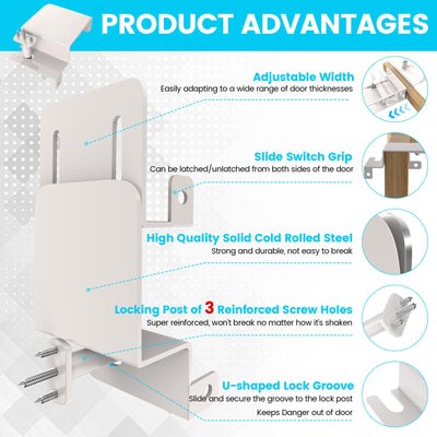 Adjustable Child Safety Door Top Lock｜Metal Child Proof Door Top Lock for Interior&Exterior&French Door｜Lock & Unlock from Either Sides｜for Childproofing｜Sliding Door Lock for Kids Safety｜White