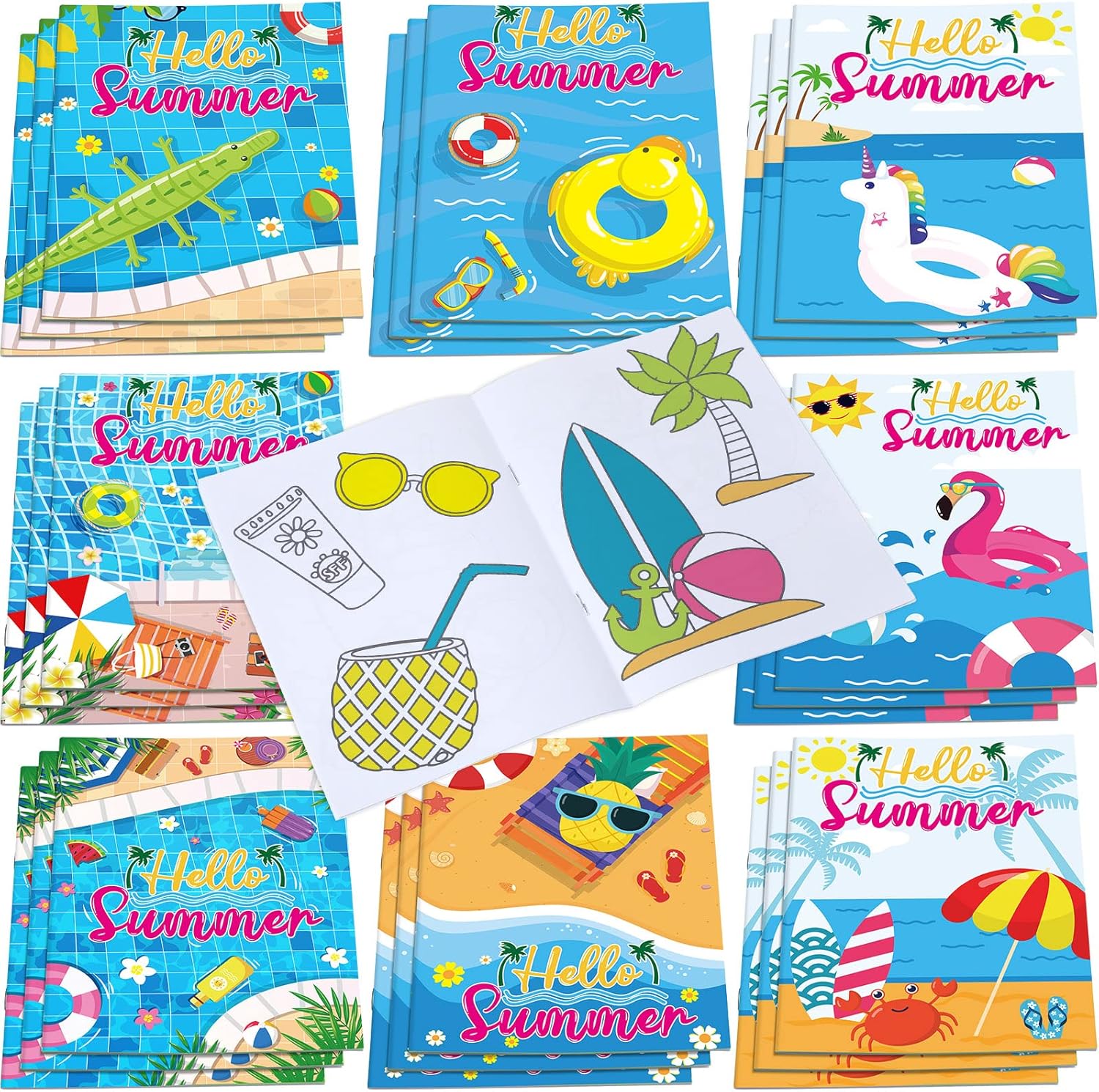 Faccito 24 Pcs Summer Beach Coloring Books Mini DIY Art Drawing Book Bulk Including Pineapple Coconut Flamingo Beach Pool Fun and Relaxing Patterns for Birthday Activity