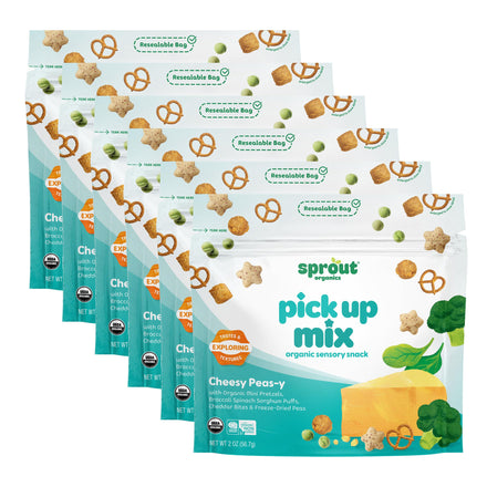 Multiple packages of Sprout Organics pick up mix on a white background
