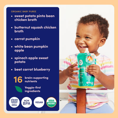 Cerebelly Organic Baby Food Pouches, Veggie & Bone Broth Purees, 16 Nutrients, No Added Sugar, Non-GMO, Toddler Snacks, 6 Flavors, 4oz, 8 Pack