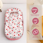 GloTika Baby Lounger, Foldable Infant Nest Pillow with Soft Memory Foam Mat, Cover with Adorable Pattern, Converts to Backpack for Easy Travel, 0-12 Months, Pink