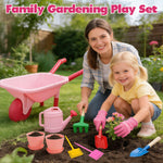 CUTE STONE Kids Gardening Tool Set, Pink Wheelbarrow with Garden Toys with Watering Can, Gloves, Hand Rake, Shovel, Trowel, Outdoor/Indoor Pretend Play Toys for Toddlers Boys Girls Age 3+