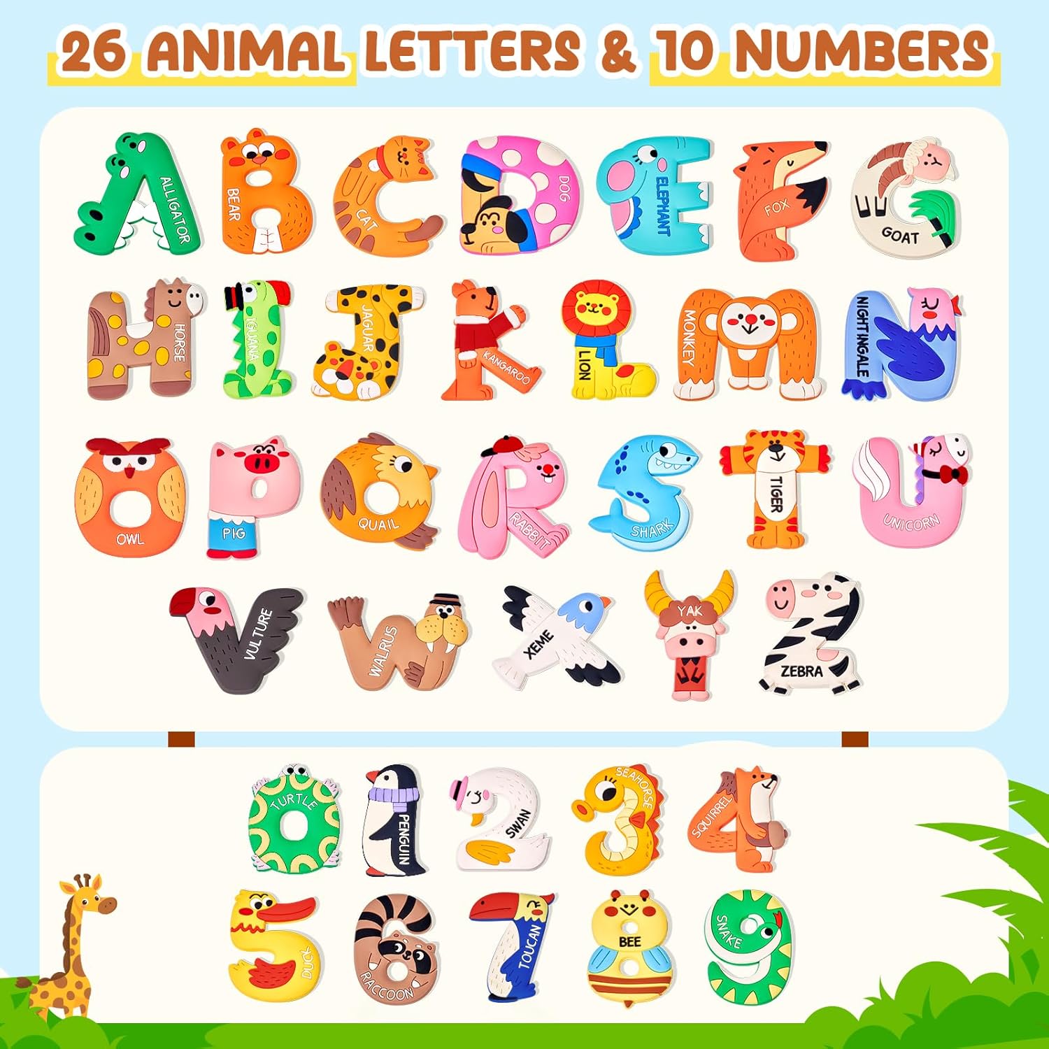 JoyCat Magnetic Letters and Numbers Fridge Magnets, Soft PVC Learning Refrigerator Toy Set for Kids & Toddlers, 26 Animal Alphabet Letters and 0-9 Numbers, Birthday Gift for Baby Boys and Girls