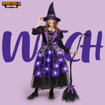 Spooktacular Creations Halloween Witch Costume Kids, Light Up Witch Dress with Hat and Broom for Girls, Toddlers Bat Outfit Set for Halloween Costumes Role Play Parties, Purple (3T(3-4 yrs))